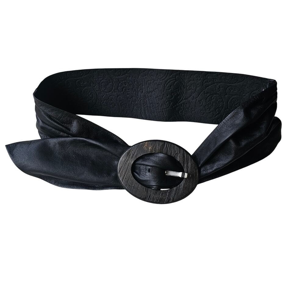 Suzi Roher Black Wide Leather Belt Wooden Buckle Texture Back Medium Plus Canada